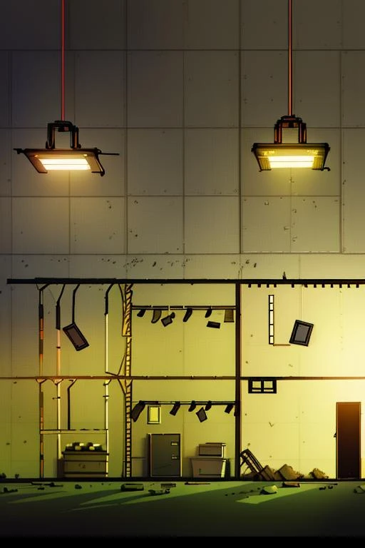 <lora:People Playground Style - V1:0.9>, People_Playground_Style, , side view, perfectly side view 2D, on grid, blocky graphics, a deserted warehouse, dirt, grime, burned metal, hanging wires, fluorescent lights,