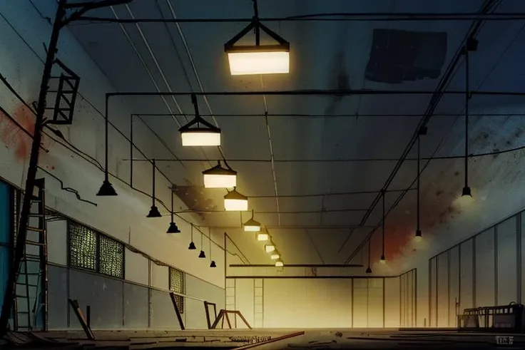 <lora:People Playground Style - V1:0.75>, People_Playground_Style, , side view, perfectly side view 2D, on grid, blocky graphics, a deserted warehouse, dirt, grime, burned metal, hanging wires, fluorescent lights, scene, abandoned factory,