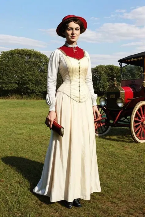 Photo of a beautiful woman wearing an Edwardian dress, with a red EdobFordT parked in the distant background<lora:EdobFordT_v1.0:.8>