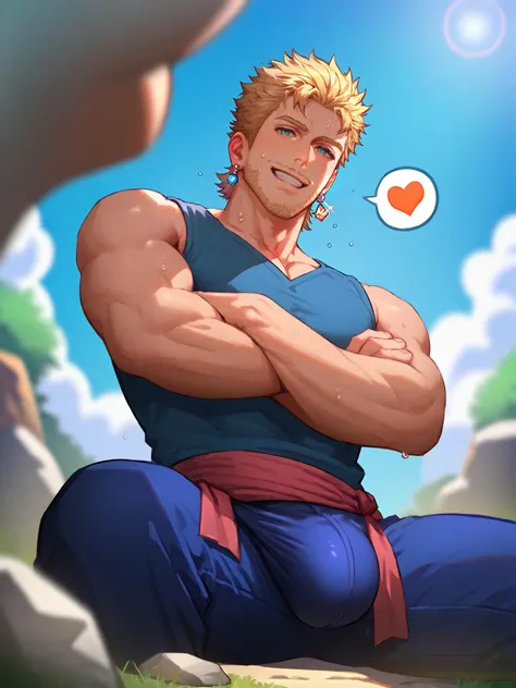 score_9, score_8_up, score_7_up, score_6_up, rating explicit, focus male, source anime, yaoi, cowboy shot, low angle, cinematic angle, motion lines, motion blur, spoken, sfx, final fantasy, final fantasy vi, (sabin rene figaro):1.2, 1boy, :3, bare shoulders, blonde hair, blue eyes, blue shirt, crossed arms, earrings, facial hair, jewelry, male focus, muscular, pants, rock, shirt, sitting on floor, detailed bulge, big bulge, smile, waist sash, sunny, sunrays, sweat, glossy skin, amazing quality, best aesthetic, absurdres, year 2023 <lora:PonyQuality_V3.3:1> <lora:FujimotoLycoXLV2:1> <lora:danzi:0.6> <lora:NAI Smooth Boys Style SDXL_LoRA_20r_20e_8i_nr32_a16_Pony Diffusion V6 XL:0.7>