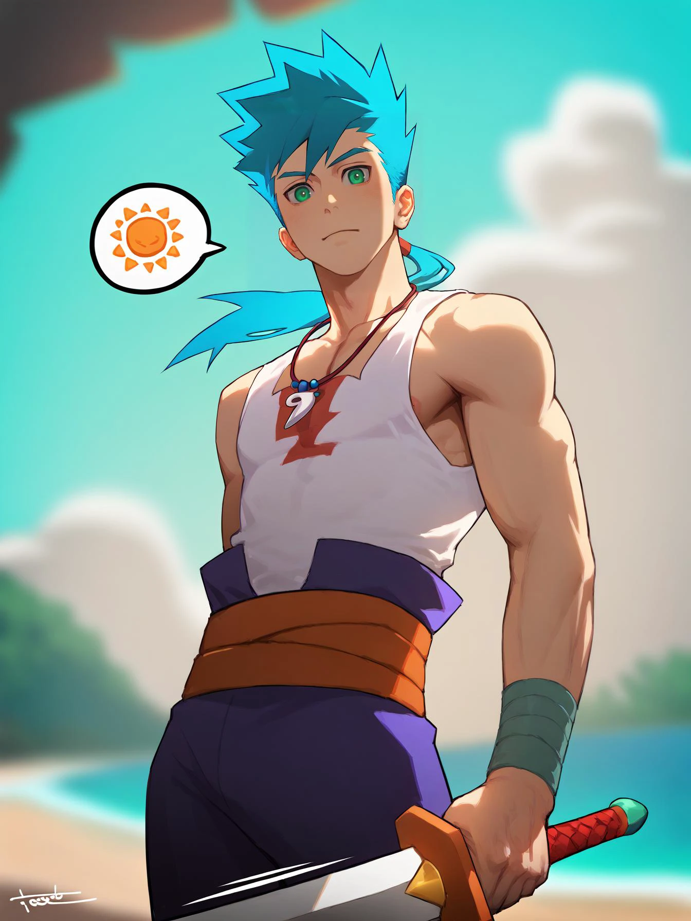 score_9, score_8_up, score_7_up, score_6_up, rating explicit, focus male, source anime, yaoi, cowboy shot, low angle, cinematic angle, motion lines, spoken, sfx, 1boy,maruno, breath of fire, breath of fire iv, (ryuu \(breath of fire iv\)):1.2, 1boy, blue hair, green eyes, holding, holding sword, holding weapon, jewelry, looking at viewer, necklace, ponytail, red sash, sash, shirt, signature, sleeveless, sleeveless shirt, solo, sword, weapon, white shirt, beach vilage, beach, posing, best quality, amazing quality, best aesthetic, absurdres, year 2023 <lora:PonyQuality_V3.3:1> <lora:FujimotoLycoXLV2:1> <lora:danzi:0.6> <lora:NAI Smooth Boys Style SDXL_LoRA_20r_20e_8i_nr32_a16_Pony Diffusion V6 XL:0.7>