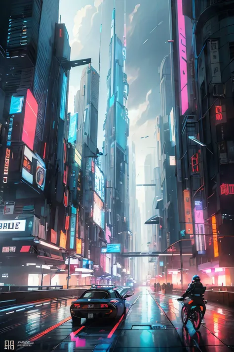 (Realistic:1.5) EdobSyFyCityLandscape, car, cloudy sky, cloudy sky, ambiguous gender, science fiction, floating island, bicycle, neon trim, hood, chinese text, <lora:EdobSyFyCityLandscape_v1.0:0.8>