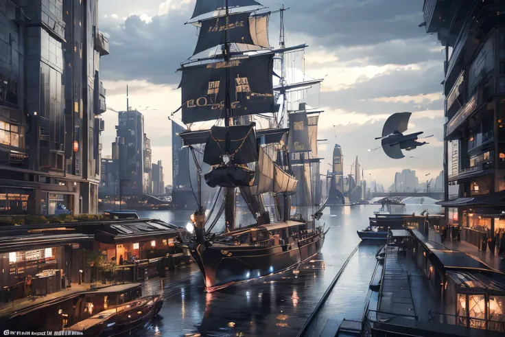 (Realistic:1.5) EdobSyFyCityLandscape, black hair, dock, flying, 6+girls, bag, long hair, cloudy sky, cloud, ship, hat, <lora:EdobSyFyCityLandscape_v1.0:0.8>