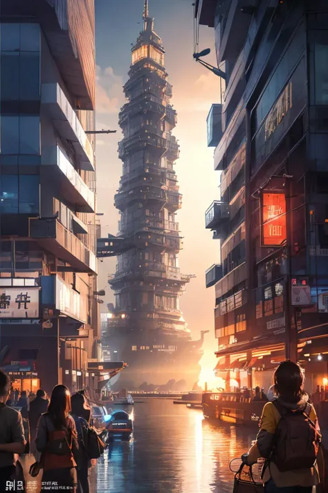 (Realistic:1.5) EdobSyFyCityLandscape, bag, ocean, road sign, sunset, chinese text, light, ship, depth of field, tower, people, <lora:EdobSyFyCityLandscape_v1.0:0.8>