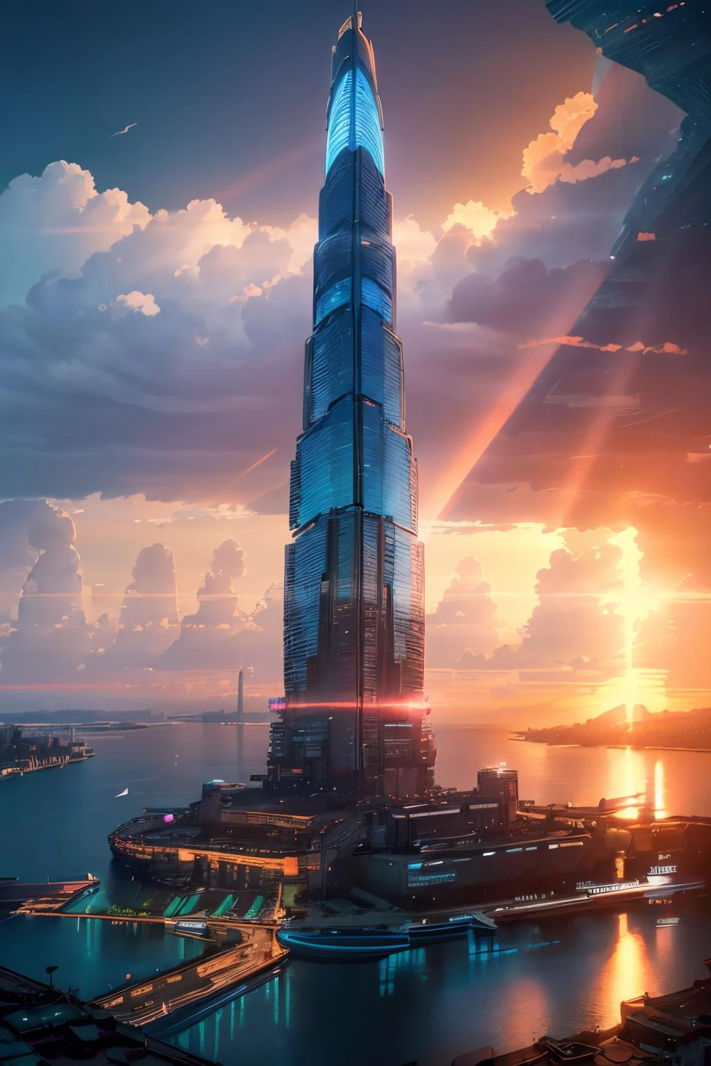 (Realistic:1.5) EdobSyFyCityLandscape, light rays, sunset, ocean, neon lights, lights, city lights, from behind, reflection, tower, silhouette, <lora:EdobSyFyCityLandscape_v1.0:0.8>