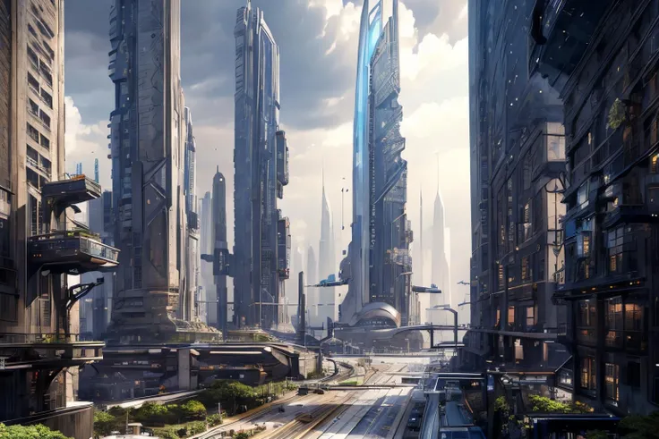 (Realistic:1.5) EdobSyFyCityLandscape, day, no humans, multiple girls, building, cloudy sky, skyscraper, road, tower, ambiguous gender, spacecraft, <lora:EdobSyFyCityLandscape_v1.0:0.8>