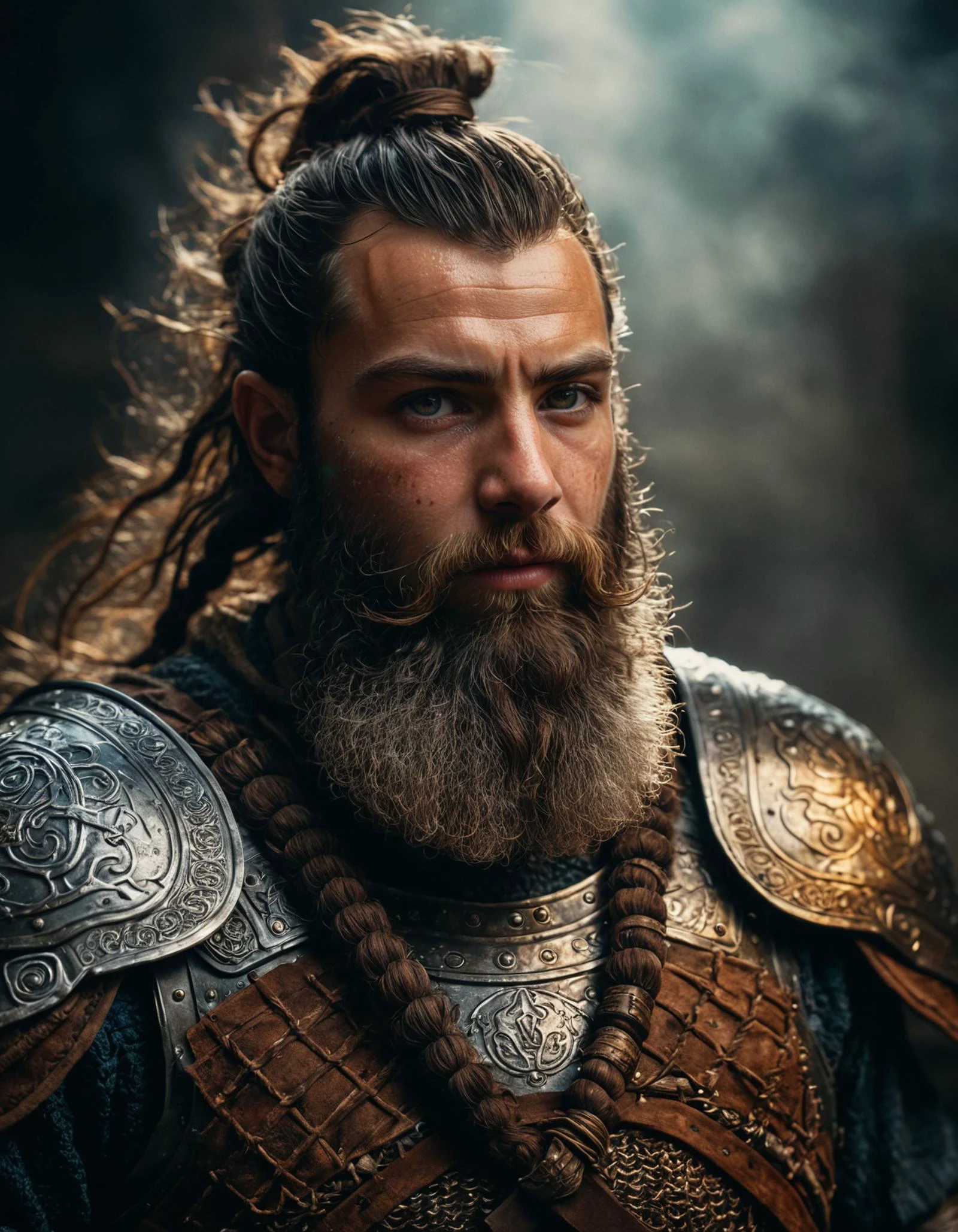 highly detailed and hyper realistic photo, by Alessio Albi , by Anni Albers , by Julian Calle , a strong fantasy dwarf warrior with a long beard and a thick armor , in the style of  space art, limited dark palette, unusual dark colors, faded colors, atmospheric haze, highly dramatic cinematic lighting, motion blur, film grain,  professional, excellent composition, finest details, maximized details, ultimate detail level, masterpiece, best quality
