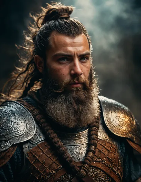 highly detailed and hyper realistic photo, by Alessio Albi , by Anni Albers , by Julian Calle , a strong fantasy dwarf warrior with a long beard and a thick armor , in the style of  space art, limited dark palette, unusual dark colors, faded colors, atmospheric haze, highly dramatic cinematic lighting, motion blur, film grain,  professional, excellent composition, finest details, maximized details, ultimate detail level, masterpiece, best quality