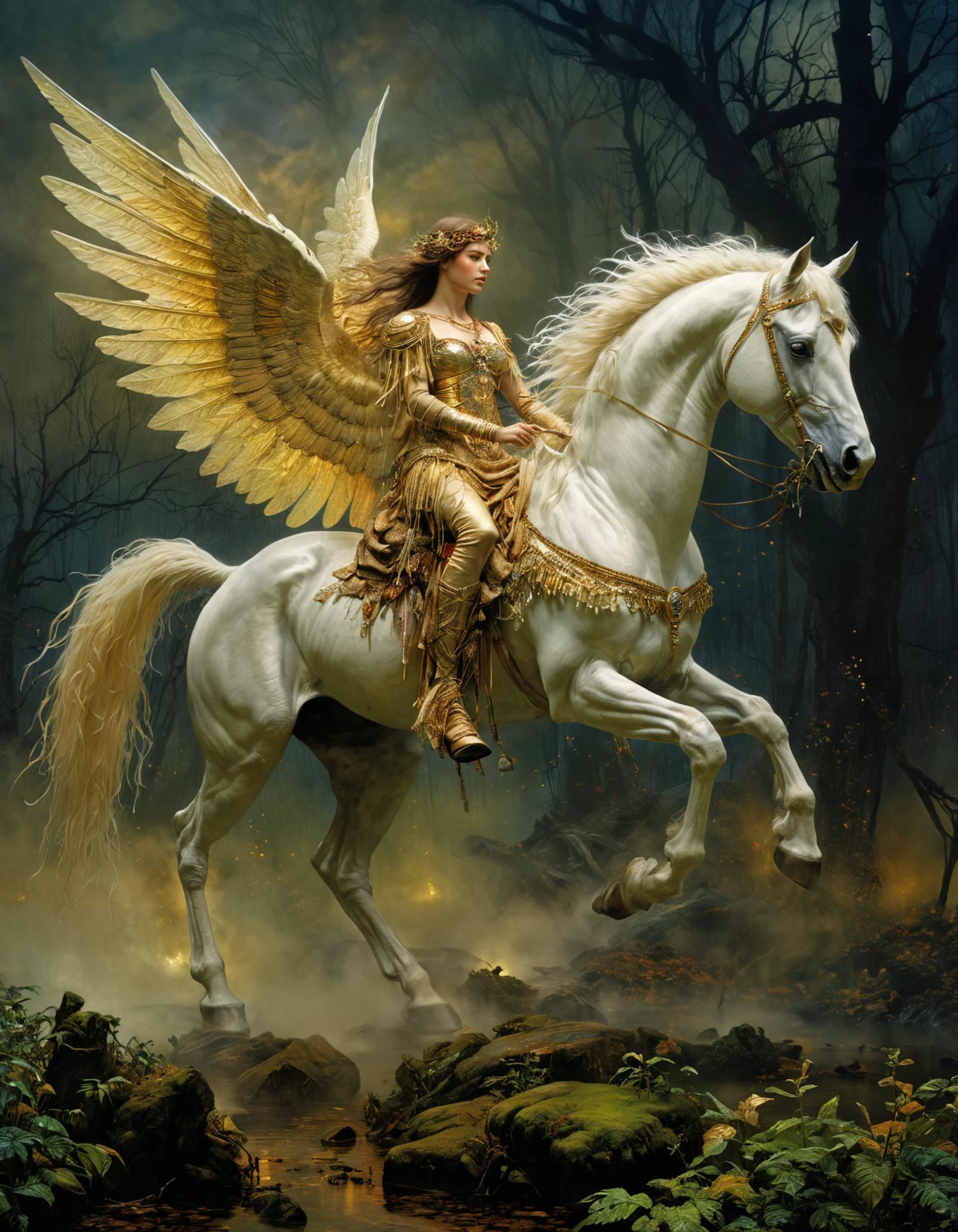 highly detailed and hyper realistic photo, by John Atkinson Grimshaw , by Jeff Easley , by Charles Mellin , a ethereal aerial Pegasus , in the style of  visionary realism, limited dark palette, unusual dark colors, faded colors, atmospheric haze, highly dramatic cinematic lighting, motion blur, film grain,  professional, excellent composition, finest details, maximized details, ultimate detail level, masterpiece, best quality