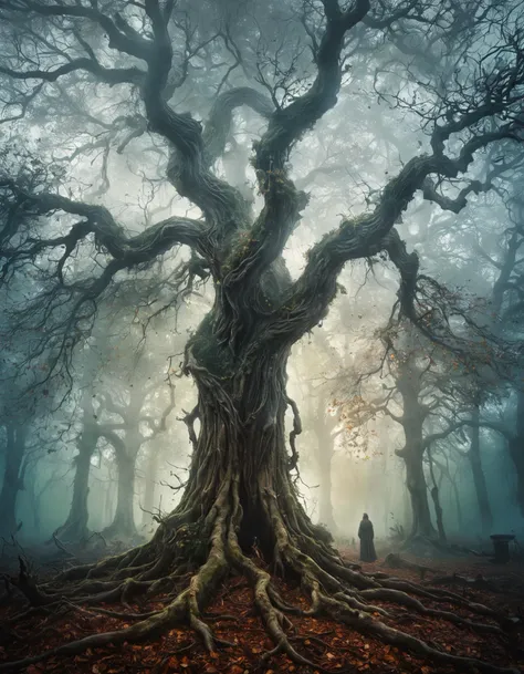 highly detailed and hyper realistic photo, by Marc Simonetti , by Alan Schaller , by Dimitra Milan , a double exposure, a ghostly tree formed as an angel, dense fog, ethereal atmosphere , in the style of  gloomy monastic sombre, limited dark palette, unusual dark colors, faded colors, atmospheric haze, highly dramatic cinematic lighting, motion blur, film grain,  professional, excellent composition, finest details, maximized details, ultimate detail level, masterpiece, best quality