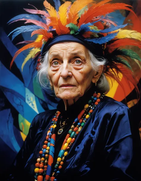 highly detailed and hyper realistic photo, by Jeff Easley , by Ernst Wilhelm Nay , by Roger Dean , a formidable elegant old woman wearing avant garde fashion , in the style of  aesthetic art deco,  limited dark palette, unusual dark colors, faded colors, atmospheric haze, highly dramatic cinematic lighting, motion blur, film grain,  professional, excellent composition, finest details, maximized details, ultimate detail level, masterpiece, best quality