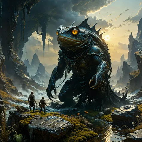 famous artwork inspired by (maximilian pirner:1.3) and (wadim kashin:1.1), oil on canvas, dark fantasy style, this image shows the "elastic diffensploider" in the lush xorbled lands of the accursed planet "nurbledirly x", this slow and bumbling creature is quoggering a swallorfluxed turdible and attempts to balance atop stacks of zygglebording erbelgunk while surrounded by happily bouncing "many-eyed nuzzlefishs", creature focus, perfect composition, realistic, ultra detailed, 8k, uhd, <lora:midjourney_mimic-xl-by_andrexsel:0.4> <lora:more_artful-xl:0.44> <lora:extremely_detailed-detail_slider-v2-xl-by_ntc:0.1:hr=0.0> <lora:lyco-style-envydramaticlightingxl01_digital_art-xl:0.44> <lora:envybetterhiresfixxl01-xl:0.0:hr=1.0>