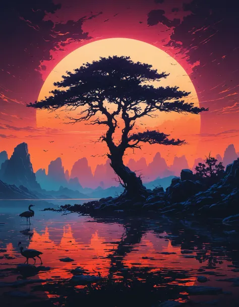 highly detailed and hyper realistic photo, by Alena Aenami , by Archibald Thorburn , by Daniele Afferni , a breathtaking otherworldly landscape with psychedelic colors , in the style of  monochromatic silhouette reflection,  limited dark palette, unusual dark colors, faded colors, atmospheric haze, highly dramatic cinematic lighting, motion blur, film grain,  professional, excellent composition, finest details, maximized details, ultimate detail level, masterpiece, best quality