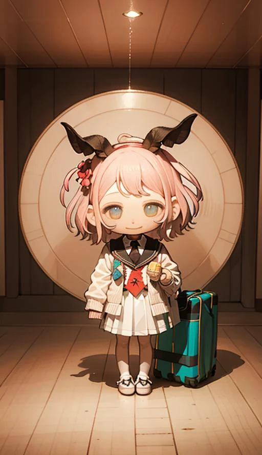 ((masterpiece:1.3, best quality:1.3, high_resolution, distinct_image:1)), (original: 1.2), (ultra detail, ultra detailed), high resolution, RAW photo, light on face, portrait photo, 1line navel,
highres, Lowres, super_detail, finely_detailed, intricate_details, extremely detailed cg, studio lighting, photorealism, 8K UHD, (High definition, High quality texture, High quality shadow), (high detailed skin, skin details, real texture skin, (white skin:1), detailed skin texture), llustration, (perfect_anatomy, perfect_body, perfect_face, perfect_eyes, perfect_fingers), Realistic, Realism, thigh gap, (perfect_nipples, pink nipple:0.1 <lora:H- Covered Nipples_v10:0.2>), character_single, portrait, solo_focus, girl_focus, littleshort, petite figure, skinny, slender, glamorous, (11 shaped abdominal muscles:0.4), fit body, (perfect shiny skin:1), slim and smooth lines, detailed beautiful face, pure face <hypernet:Pure Eros Face_V1:1>, (Glossy skin:1.3), (shiny skin:1.3), cute, Blush, (upper body, From head to chest, close up, face focus), pov, (free pose),
1girl, solo, (sd character style), (casual style), child, (full body:1, From head to foot, a lot of room over one's head, a lot of room under one's feet), (pink hair, bobbed hair), green eyes, big eyes, Student, (Beige color cardigan),(School uniform, yellow ribbon tie, Black skirt, white socks, black Adidas slippers), two horns on forehead, thin legs, smiling, small breasts <lora:Chibi ArtStyle_v1.0:1><hypernet:(G1) chilloutmix:1>