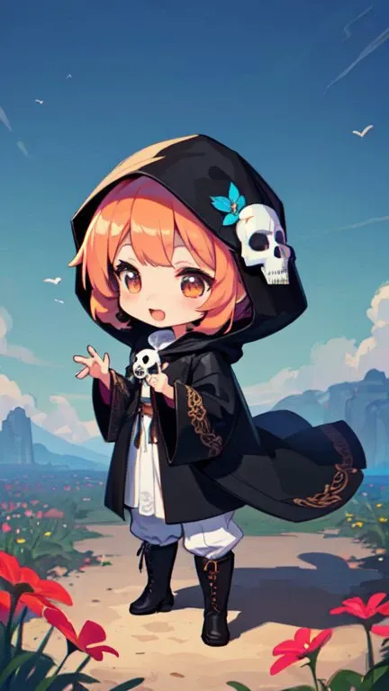 1girl, (chibi:1.4), (mage, cute, adorable:1.2),full body, color illustration, fantasy, (skull-mask:1.2), bones, standing, (cheerful,:1.1) flower field, outdoors, day, daylight, (mage robe:1.2), hood, leather boots, long flowing embroidered black caftan, pants, flowers, singing birds, (best quality, masterpiece:1.2), (intricately detailed:1.2), bokeh, (solo:1.7)