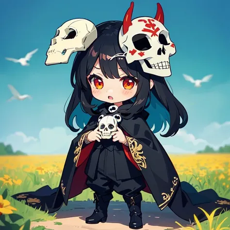1girl, (chibi:1.4), (mage, cute, adorable:1.2),full body, crimson eyes, deep black hair, color illustration, crimson and black outfit colors, fantasy, (skull-mask:1.4), bones, standing, (cheerful,:1.1) flower field, outdoors, day, daylight, (mage robe:1.2), hood, leather boots, long flowing embroidered black caftan, pants, flowers, singing birds, (best quality, masterpiece:1.2), (intricately detailed:1.5), (solo:1.7)