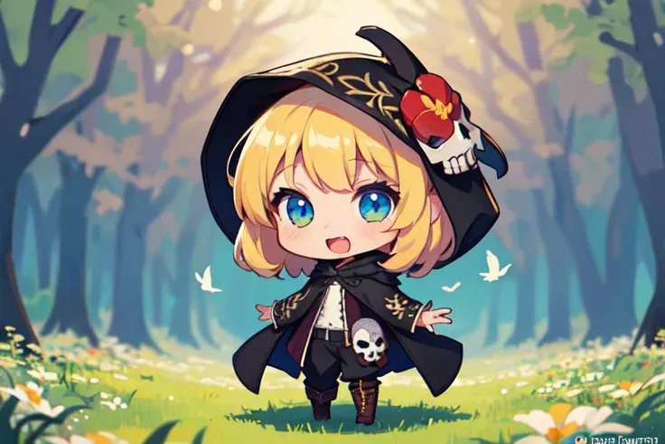 1girl, (chibi:1.4), mage, cute, adorable,full body, color illustration, fantasy, skull-mask, bones, standing, cheerful, flower field, outdoors, day, daylight, (mage robe:1.2), hood, leather boots, long flowing embroidered black caftan, pants, flowers, singing birds, (best quality, masterpiece:1.2), (intricately detailed:1.2), bokeh, (solo:1.7)