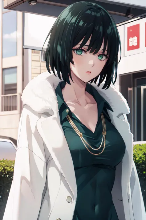 <lora:fubuki:1>, fubuki\(one punch man\),1girl,solo, large breasts, green eyes, black hair,portrait, taut clothes, green dress, fur trim, fur coat, necklace, looking at viewer, mature female, (embarrassed, smile), parted lips, lipstick, restaurant scenery,