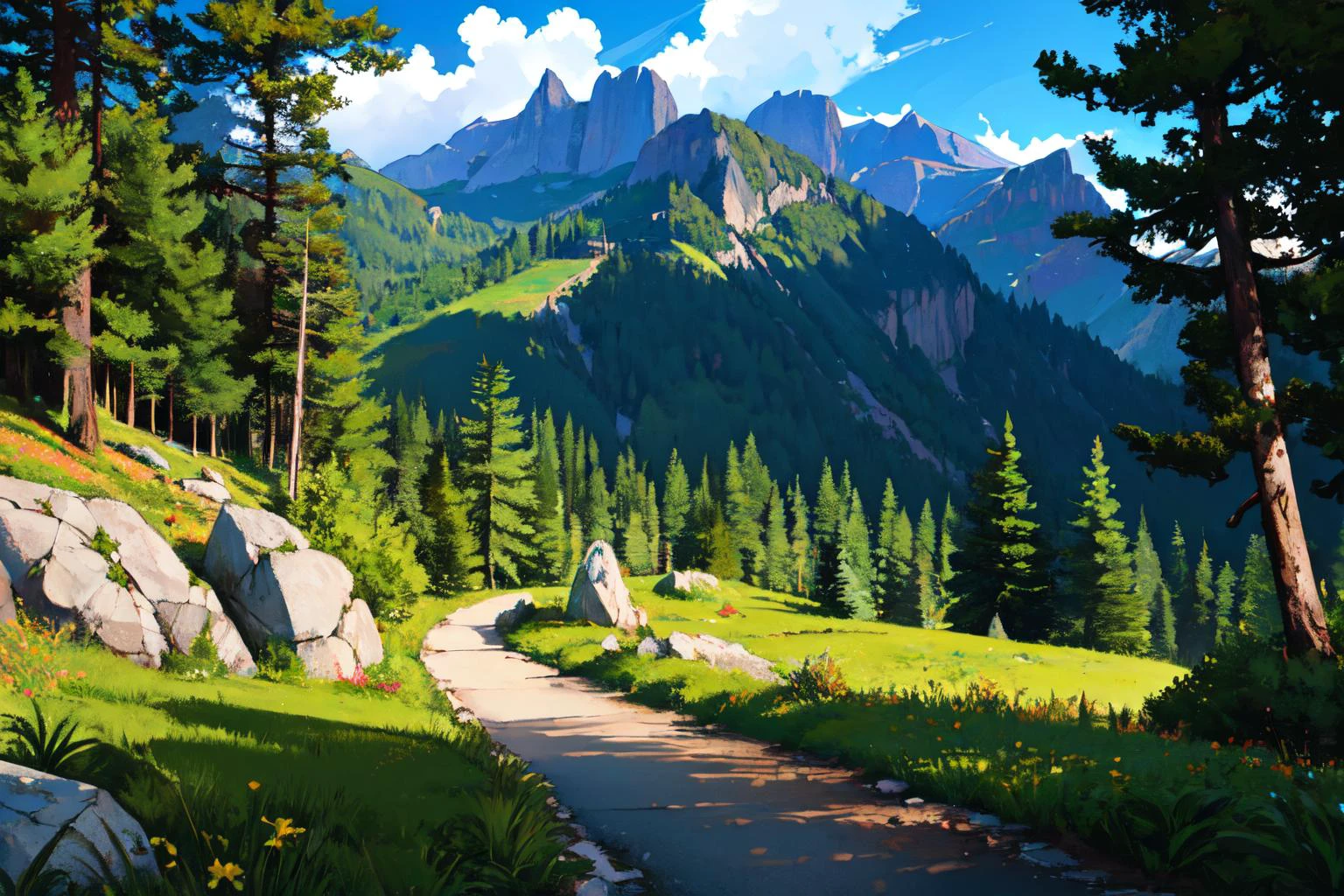 mountains,cliffs,forest,trees,pine trees,stones,rocks,bushes,grass,scenery,nature,sky background,clouds in the sky,haze in the background,wide angle,hills,boulders,midday,landscape,path,trail,Extreme long shot,Medium wide shot,realistic shaded lighting,photorealism,sunny day,<lora:tyuty5756:0.7>, by oprisco,