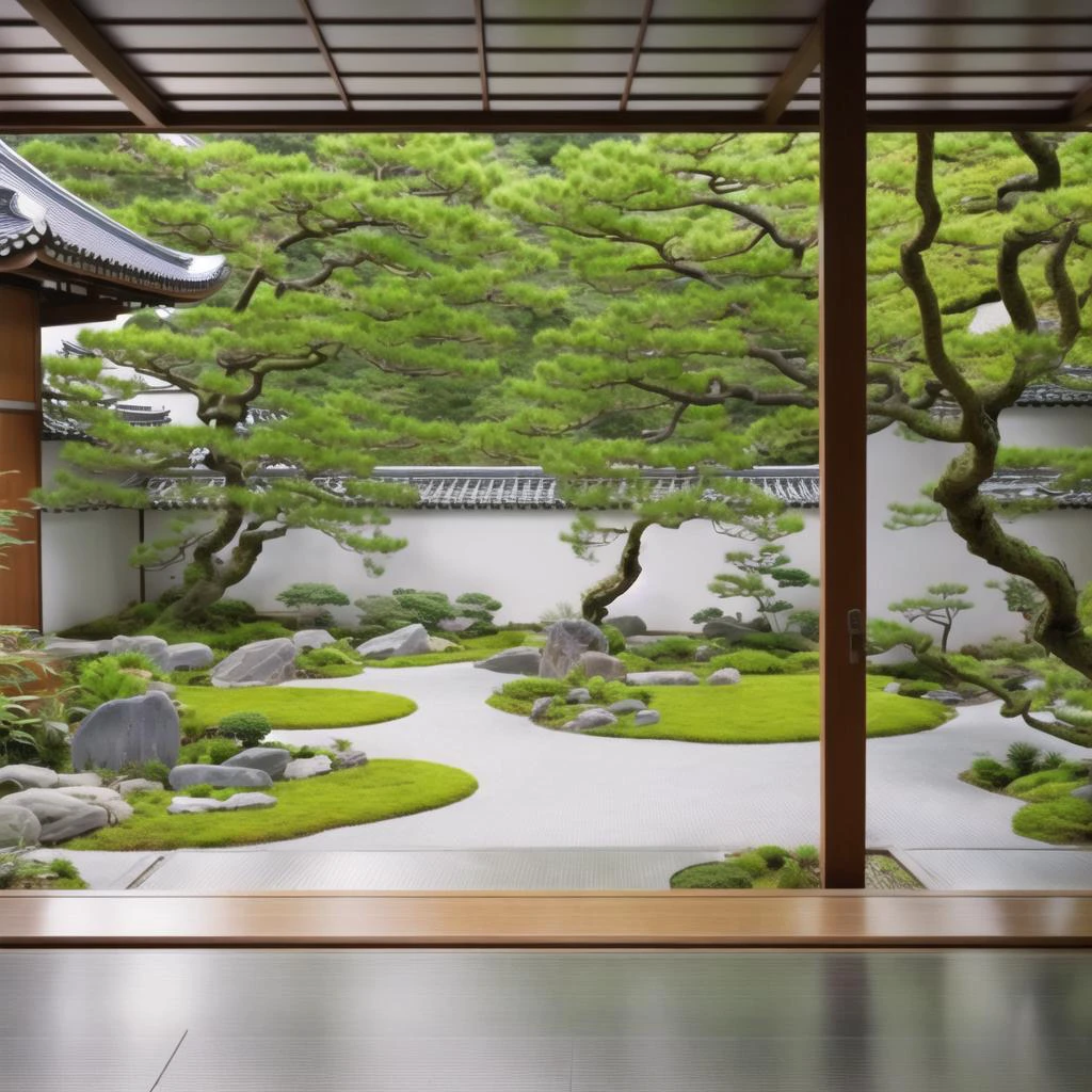 a wood room with a view of a garden in the distance , garden with Asian classical landscape culture, in the garden there are three green islands with graceful curved shape covered by moss, dotted with ten Japanese-style rocks, a red maple . The small courtyard is surrounded by a 1.6-meter-high fence with white walls and gray and very tidy tiles. There are some Japanese-style architectural backgrounds outside the fence. After the rain, the sky was sunny, the ground was still wet, and there was a slight mist. This is a realistic photo, (4K quality:1.8),(master work:1.8), moderate tones, (rich plant details:1.8), clear picture,kyoto studio, detailed leaves