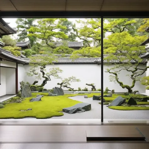 a wood room with a view of a garden in the distance , garden with Asian classical landscape culture, in the garden there are three green islands covered by moss，（graceful curved shape:1.6） , dotted with ten Japanese-style rocks, (a small red maple:1.3) ,The small courtyard is surrounded by a 1.6-meter-high fence with white walls and gray and very tidy tiles. There are some Japanese-style architectural backgrounds outside the fence. After the rain, the sky was sunny, the ground was still wet, and there was a slight mist. This is a realistic photo, (4K quality:1.8),(master work:1.8), moderate tones, (rich plant details:1.8), clear picture，kyoto studio