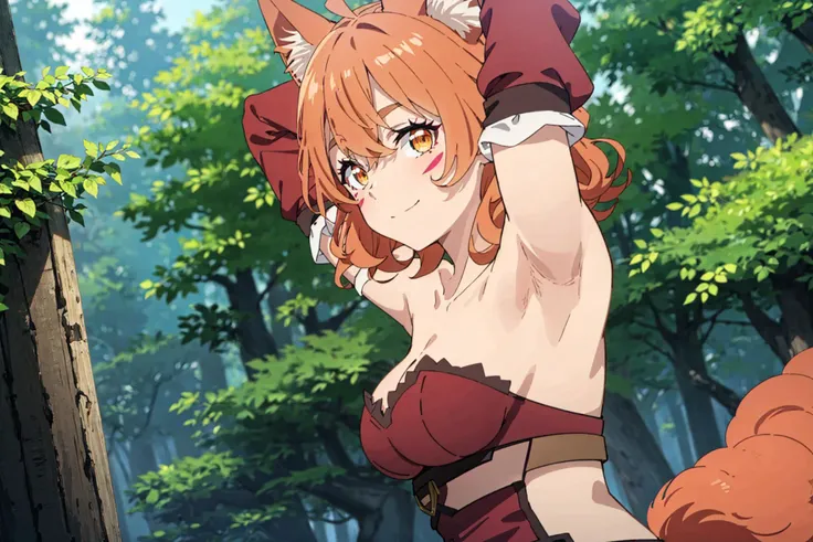 masterpiece, best quality, 1girl, solo,
outdoors, forest, 
<lora:chara_IsekaiNonbiriNouka_Senna_v1:0.8> senna, sena_\(isekai_nonbiri_nouka\), orange eyes, thick eyebrows, eyelashes, orange hair, medium hair, curly hair, crossed bangs, hair between eyes, sidelocks, ahoge, facial mark, animal ears, fox ears, animal ear fluff, fox tail, medium breasts,  
detached sleeves, bustier, clothing cutout, strapless, red shirt, belt, red shorts, thigh boots, collarbone, bare shoulders, cleavage, breasts, 
(looking at viewer:1.3), upper body, arms up, armpits, steam, from side, 
blush, smile, closed mouth,