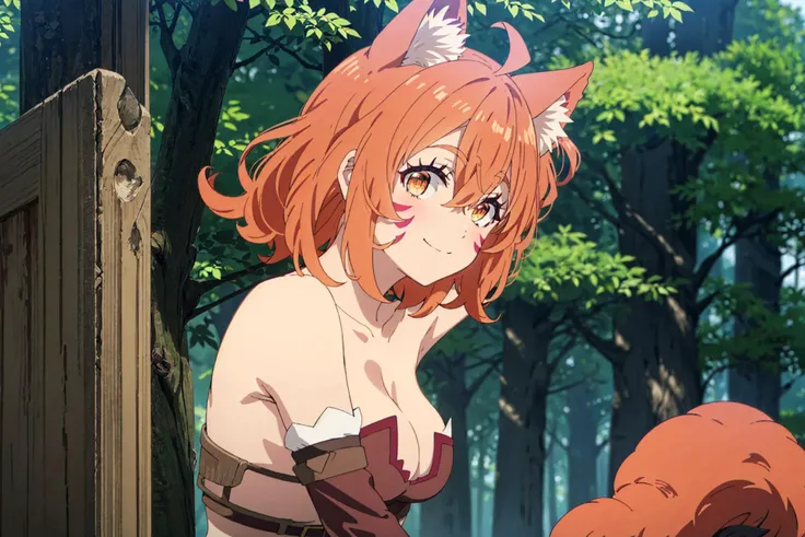 a girl, 12yo, fox ears, fox tail, short cut, red hair, deep forest, topless, Masterpiece, Ultra Detailed, looks at the viewer