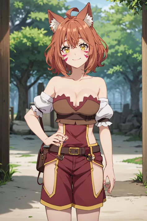 best quality, masterpiece, highly detailed,
<lora:chara_IsekaiNonbiriNouka_Senna_v2:0.8>, senna,
solo, blush, smile, closed mouth,
brown hair, short hair, ahoge, yellow eyes, animal ears, facial mark, medium breasts,
brown dress, cleavage, bare shoulders, belt, hip vent,
standing, head tilt, looking at the viewer,
tree, house, wood, grass