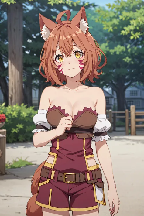 best quality, masterpiece, highly detailed,
<lora:chara_IsekaiNonbiriNouka_Senna_v2:0.8>, senna,
solo, blush, closed mouth,
brown hair, short hair, ahoge, yellow eyes, animal ears, facial mark, medium breasts,
brown dress, cleavage, bare shoulders, belt, hip vent, tail,
standing, head tilt, looking at the viewer,
tree, house, wood, grass