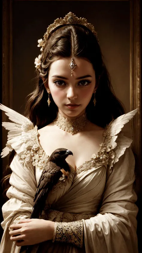 a princess with a falcon perched on her arm, realistic, exuding elegance and grace, embodying the beauty of  nobility, hair ornament, ornate, variations,
masterpiece, best quality,incredibly absurdres,   intricate detail, intricate background detail, intricate facial texture detail,  very complex background,  high contrast,   <lora:contrast_slider_v10:2.5> <lora:filmgrain_slider_v1:0.8>, film grain,  <lora:backlight_slider_v10:-1> ,  <lora:skin_slider_v2_1_FACE:0.9>, bird,  <lora:add_detail:0.5>