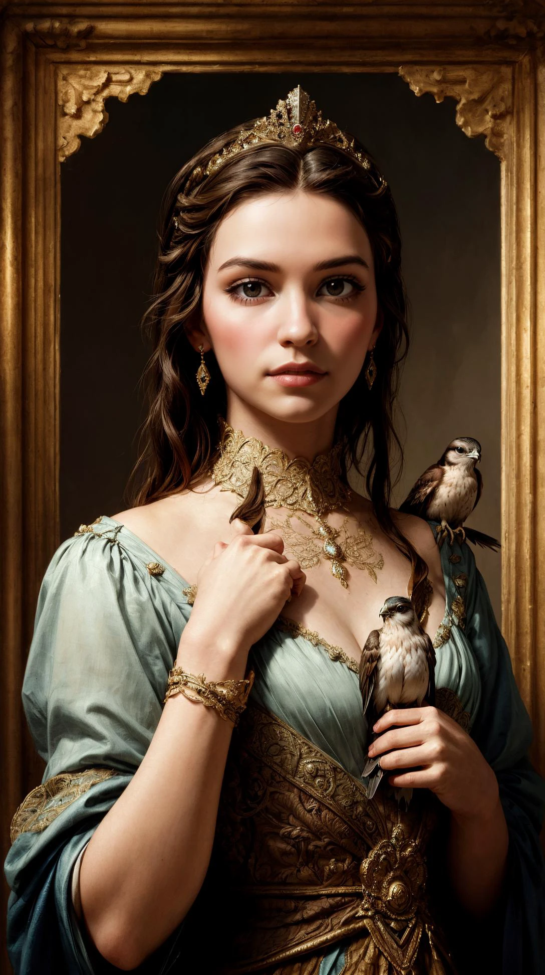 a princess with a falcon perched on her arm, realistic, exuding elegance and grace, embodying the beauty of nobility, hair ornament, ornate, variations,
masterpiece, best quality,incredibly absurdres, intricate detail, intricate background detail, intricate facial texture detail, very complex background, high contrast, <lora:contrast_slider_v10:2.5> <lora:filmgrain_slider_v1:0.8>, film grain, <lora:backlight_slider_v10:-1> , <lora:skin_slider_v2_1_FACE:0.9>, bird, <lora:add_detail:0.5>