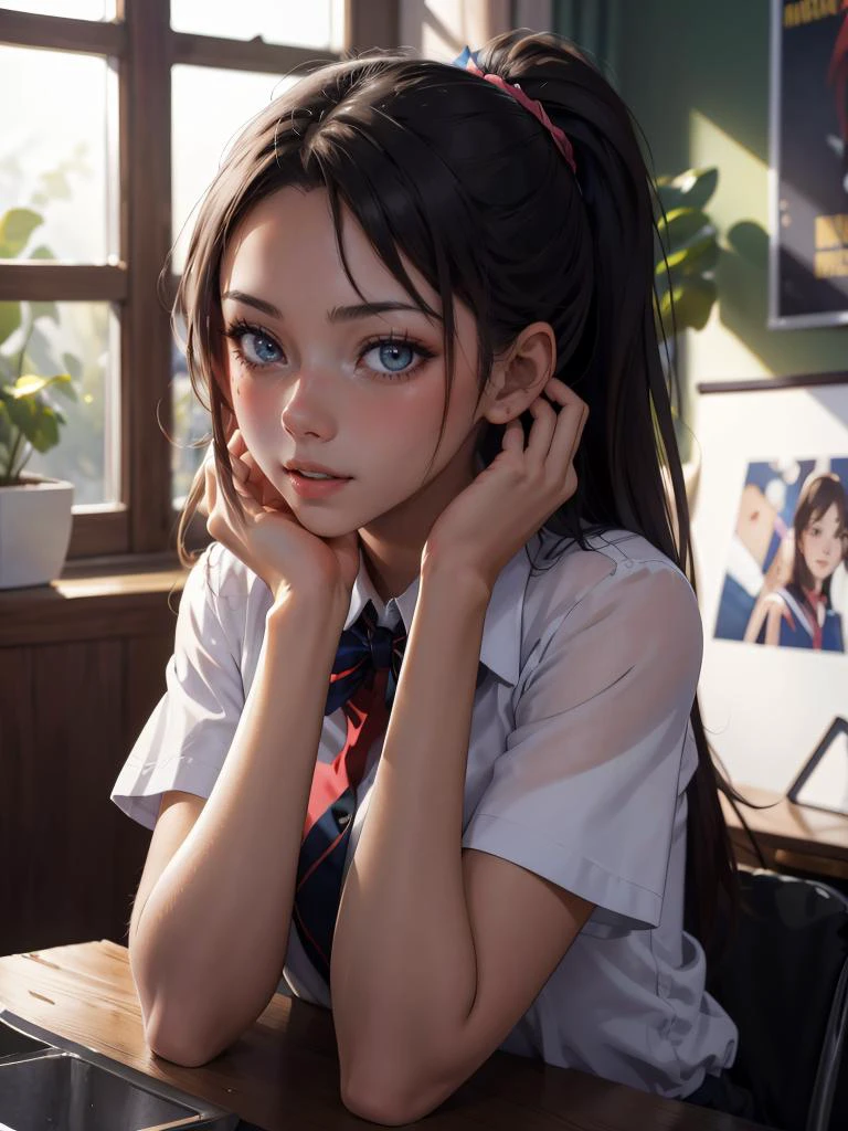 a woman in a school uniform posing for a picture with her hands on her head and her hair in a ponytail, Du Qiong, maya, a poster, dau-al-set
masterpiece, best quality, intricate details, <lora:backlight_slider_v10:-1> <lora:contrast_slider_v10:1> <lora:krystal highres:0.5>