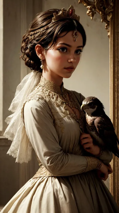 a princess with a falcon perched on her arm, realistic, exuding elegance and grace, embodying the beauty of  nobility, hair ornament, ornate, variations,
masterpiece, best quality,incredibly absurdres,   intricate detail, intricate background detail, intricate facial texture detail,  very complex background,  high contrast,   <lora:contrast_slider_v10:2.5> <lora:filmgrain_slider_v1:0.8>, film grain,  <lora:backlight_slider_v10:-1> ,  <lora:skin_slider_v2_1_FACE:0.9>, bird,  <lora:add_detail:0.5>