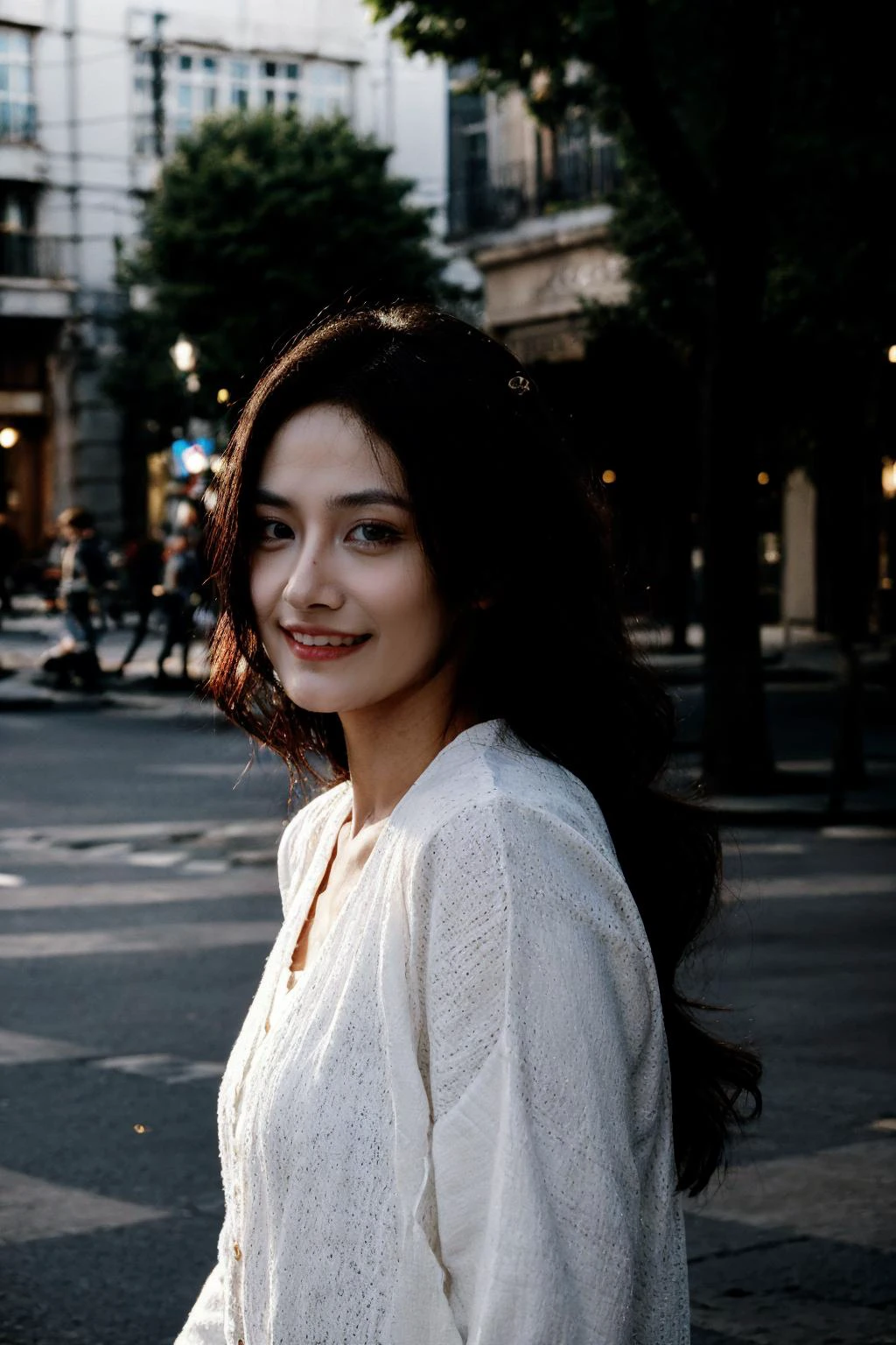 extreme closeup portrait of a pretty woman walking through the city, from side, smile,
(((masterpiece))), (((best quality))), HDR, ((intricate detail)),
<lora:backlight_slider_v10:-1>, <lora:contrast_slider_v10:3>, <lora:weight_slider_v2:0.4>, <lora:epiC35mm:1> epiC35mm, <lora:epiCRealismHelper:1> <lora:chinaDollLikeness_v10:1>