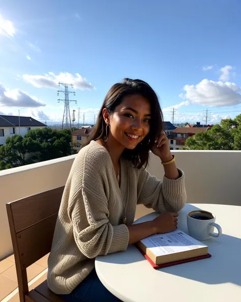 a woman wearing oversized sweater,  sitting at a table with a book and a cup of coffee and a bowl of cereal in front of her on a balcony, looking at viewer, smile, wind,  Artgerm, photography art, a detailed drawing, analytical art, blue sky, cloudy sky, power lines, utility pole, 
masterpiece, best quality, intricate detail,  Fine-art photography <lora:backlight_slider_v10:-0.5> <lora:contrast_slider_v10:2>