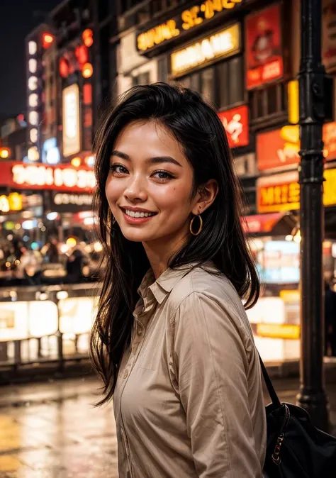 a woman with long black hair and a smile on her face and wearing a beige shirt and earrings with a gold hoop, Ding Yunpeng, beautiful face, a stock photo, art photography, night, neon lights,
masterpiece, best quality, <lora:add_detail:1>, <lora:contrast_slider_v10:1><lora:add_sharpness:1.0>