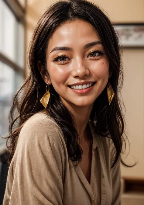 a woman with long black hair and a smile on her face and wearing a beige shirt and earrings with a gold hoop, Ding Yunpeng, beautiful face, a stock photo,  art photography
masterpiece, best quality,  <lora:add_detail:1>, <lora:contrast_slider_v10:1><lora:add_sharpness:1.0>