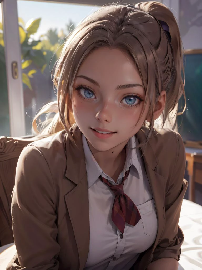 a woman in a school uniform posing for a picture, ponytail, smile, head tilt,
masterpiece, best quality, intricate details, <lora:backlight_slider_v10:-1> <lora:contrast_slider_v10:1> <lora:krystal highres:0.75>