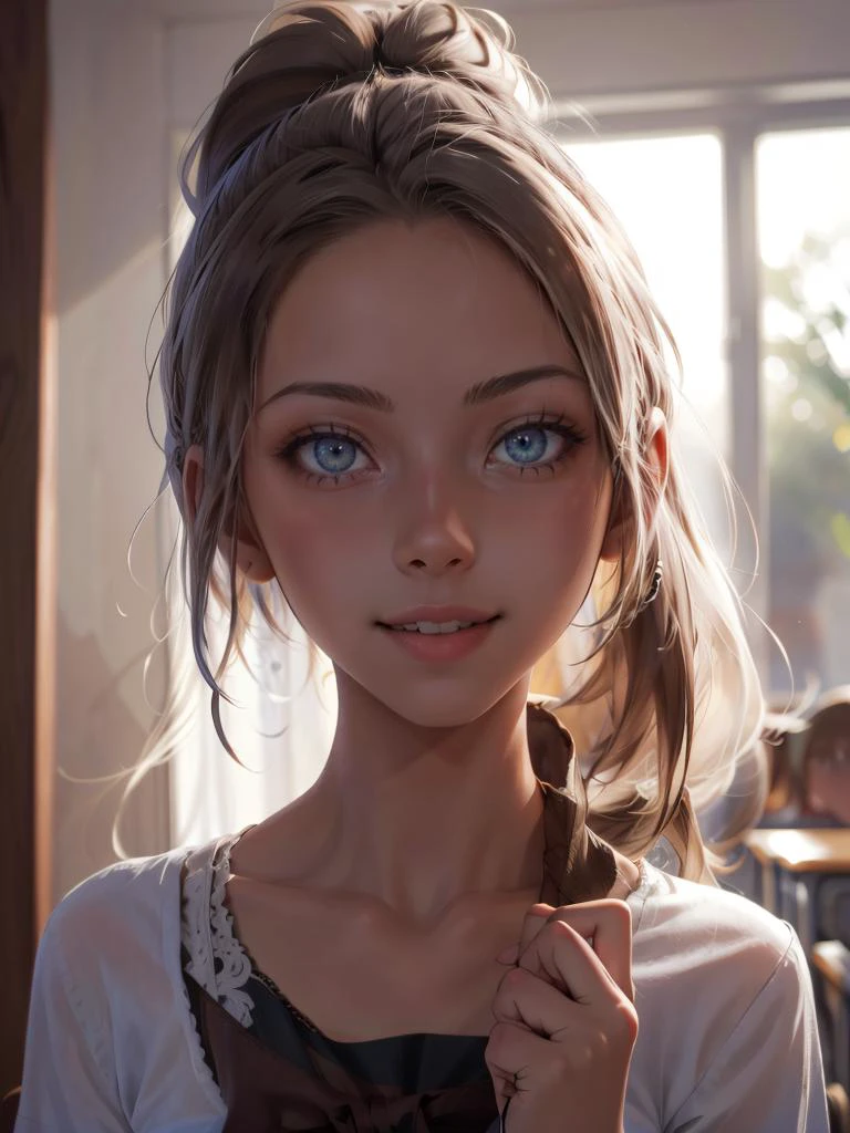 a woman in a school uniform posing for a picture, ponytail, smile, head tilt,
masterpiece, best quality, intricate details, <lora:backlight_slider_v10:-1> <lora:contrast_slider_v10:1> <lora:krystal highres:0.75>