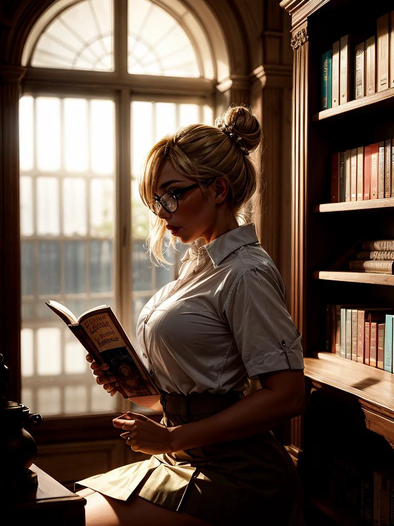 <lora:Raiou_Style:0.5> big lips, thick lips, 1girl, blonde hair, hair bun, round eyewear, (freckles:0.5), library, librarian, collared shirt, long skirt, aqua eyes, name tag, from side, reading,
masterpiece, best quality, intricate detail,
<lora:contrast_slider_v10:3> <lora:backlight_slider_v10:-1> <lora:add_sharpness:1> <lora:add_detail:1> <lora:weight_slider_v2:0.5>