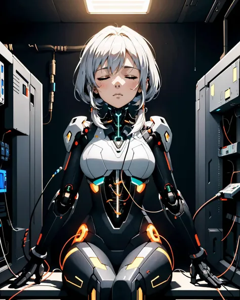 a woman in a cyberpunk setting, embracing futuristic aesthetics, sitting, cable, power connection, electrical panel, cybernetics charging, closed eyes, expressionless, 
masterpiece, best quality, intricate detail,   <lora:contrast_slider_v10:2.5>  anime screencap,   AnjelikaV2