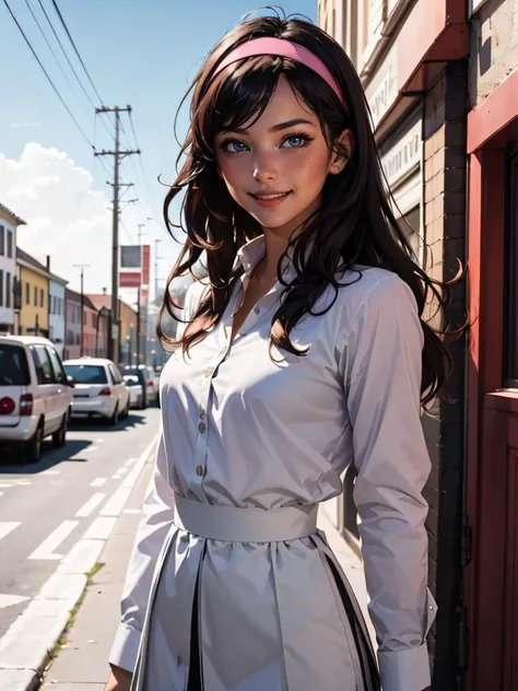 a girl smile,  with long hair wearing a pink headband and a white shirt with a black and white stripe, Anne Said, foto realistic, a colorized photo, de stijl, cowboy shot, 
masterpiece, best quality, intricate details,  <lora:backlight_slider_v10:-1> <lora:contrast_slider_v10:1>