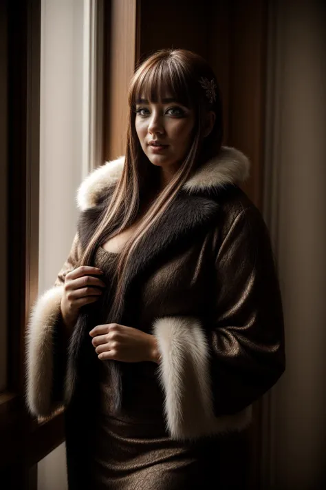 a close up of a woman in a fur coat standing by a window