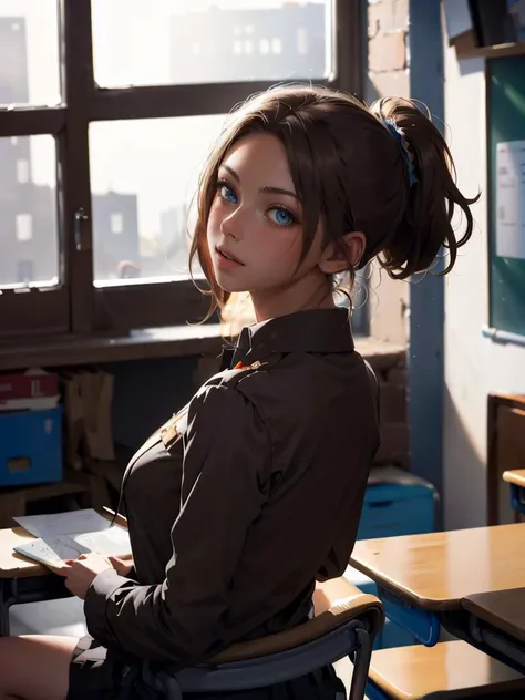 a woman in a school uniform posing for a picture,  ponytail, looking back, 
masterpiece, best quality, intricate details,  <lora:backlight_slider_v10:-1> <lora:contrast_slider_v10:1>  <lora:krystal highres:0.75>