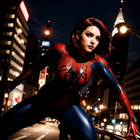 Yvonne Strahovski、squatting down、マーベル・コミック映画のposter, very beautiful, movies about spiderman, sexy, whole body, I'm wearing a skirt、premiere date, poster、belly buttonを突き出す、new york、she's wearing a torn spiderman suit,the suit is torn、wearing a skirt、 red and black color scheme,dynamic、masterpiece、highest quality、super detailed、very detailed、Detailed beautiful shine、超A high resolution、cinematic,tear,teardrop,(torn clothes:1.5), (wet clothes:1.4), bare shoulders,real rain,wet hair,belly button、exposing skin、sexyな肩を見せてる