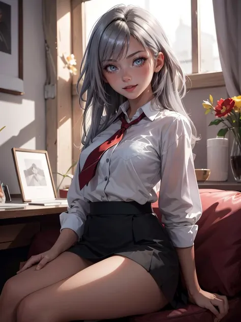 a woman in a skirt and tie holding  and a white shirt and black skirt, stanley artgerm lau, , photorealism, silver hair, bangs,  light grey eyes, red lips, eyeshadow, red eyeliner, light smile, 
masterpiece, best quality, intricate details,  <lora:backlight_slider_v10:-1> <lora:contrast_slider_v10:1>  <lora:krystal highres:0.5>