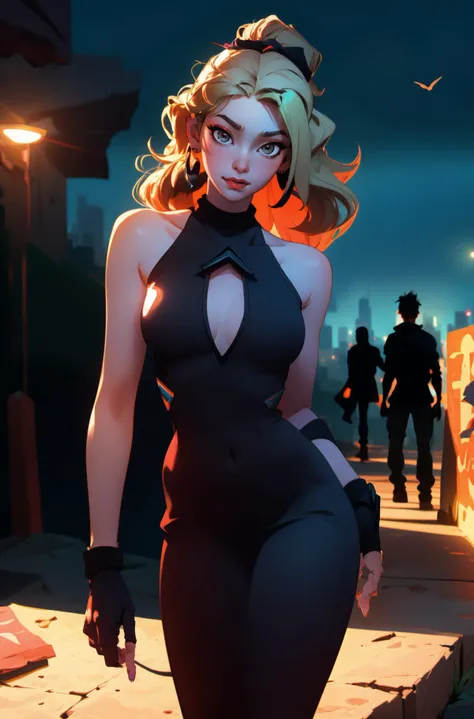 (best quality, masterpiece, colorful, highest detailed)
a woman with a tattoo on her back and a city in the background, looking at the camera, with a city skyline behind her, cityscape_background, cyberpunk_theme, tattoo, sleeveless_top, fingerless gloves, platinum blonde hair, glowing_eyes, loose pants, very long hair, messy hair, long bangs, light smile, standing, closed mouth, (piercing:1.5), sneakers, Artgerm, cyberpunk art, <lora:backlight_slider_v10:-1>, <lora:contrast_slider_v10:2>
(ultra-detailed body), (light smile:0.3), moonlight passing through hair, (night beautiful background:1.3), (intricate details), (dynamic angle) dramatic_lighting, delicate_features