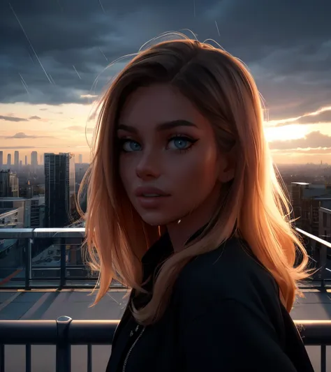 ((Full front shot)),(best quality),((an extremely delicate and beautiful)),  cinematic lighting, (character focus), ((1girl)),  ((upper body)),  blurry, (((close-up))), face, looking at viewer, rain, realistic,  architecture, bridge, building, city, cityscape, dark clouds, outdoors, railing, real world location, road, rooftop, scenery, sky, skyscraper, stairs, street
 <lora:backlight_slider_v10:-1.5> <lora:contrast_slider_v10:2>