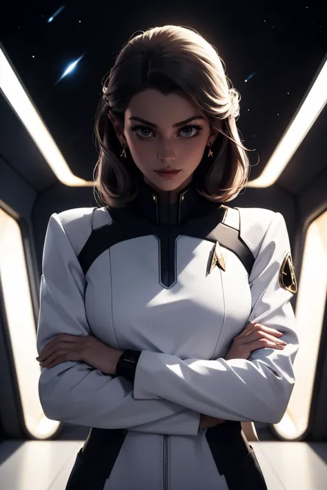 a woman in a white suit standing in a room with lights on the ceiling and a circular light behind her, Star Trek setting, retrofuturism, serious, closed mouth,
masterpiece, best quality, <lora:backlight_slider_v10:-1.5>, <lora:contrast_slider_v10:2>