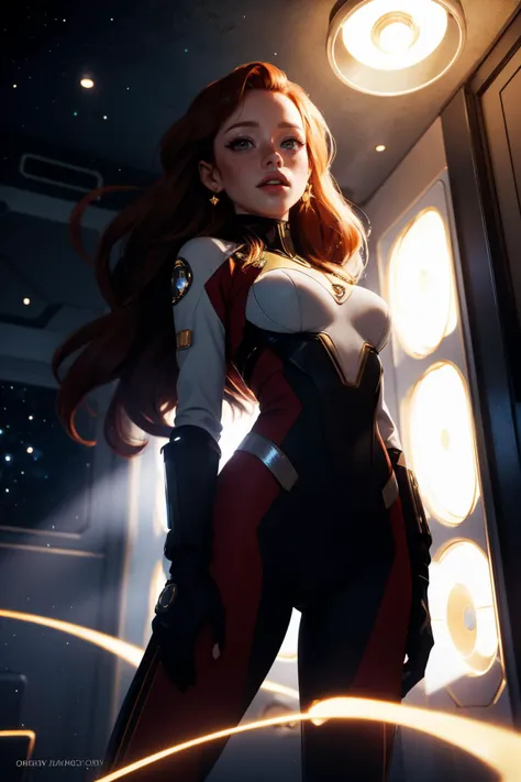 hcarolin, a woman in a white suit standing in a room with lights on the ceiling and a circular light behind her, Star Trek setting, retrofuturism, freckles,
masterpiece, best quality, <lora:backlight_slider_v10:-1.5>, <lora:contrast_slider_v10:2>